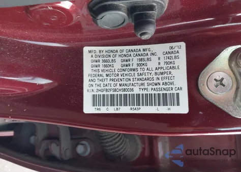 2012 Honda Civic Lx z USA, uszkodzony, nr VIN 2HGFB2F58CH580036